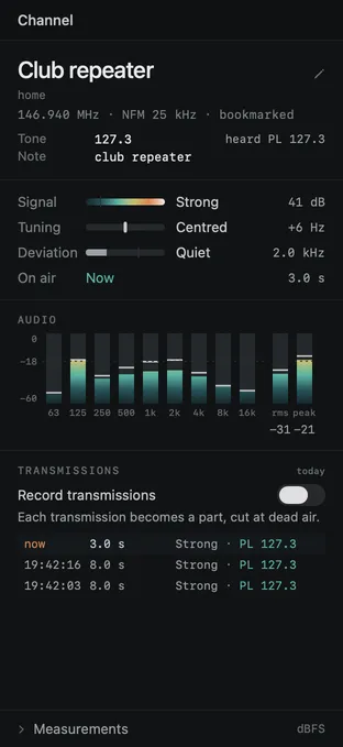 The Leyline inspector on the 146.940 MHz repeater output: the heard CTCSS tone, 127.3 Hz, beside the bookmark's tone, and each transmission in the log with its tone. Simulated signals.