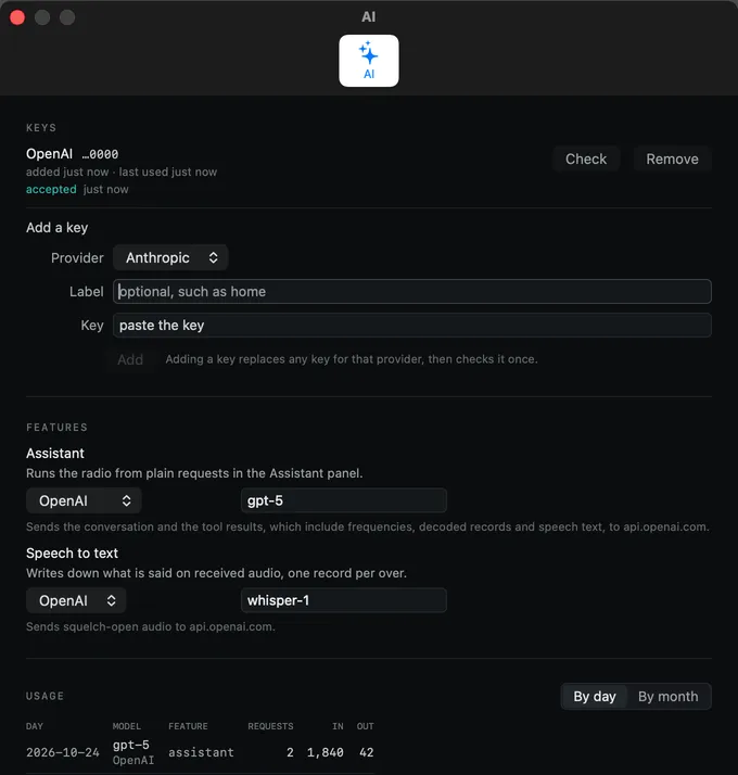 Leyline's Settings, AI: an OpenAI key, shown by its last four characters, the models the assistant and speech use with what each sends to api.openai.com, and the requests and tokens the assistant used today. Simulated signals.