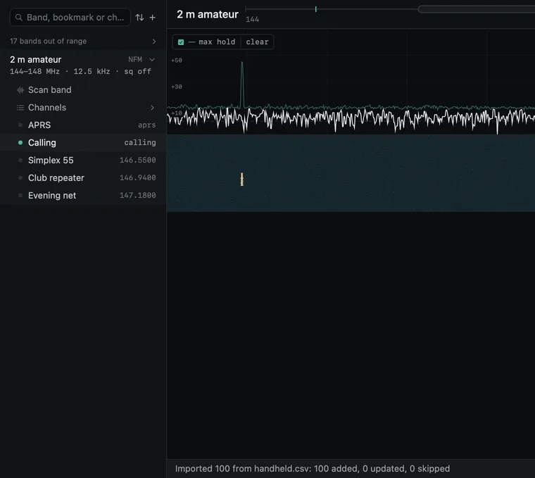 The Leyline sidebar after importing a CHIRP export of 100 memories: the 2 m band open with its five bookmarks, the other bands closed, and the import's counts in the notice over the waterfall. Simulated signals.